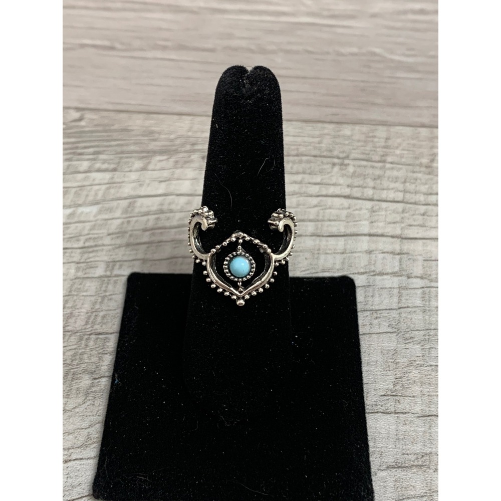 Boho Silver Tone Turquoise Faux Stone Filigree Statement Ring Size 7.75